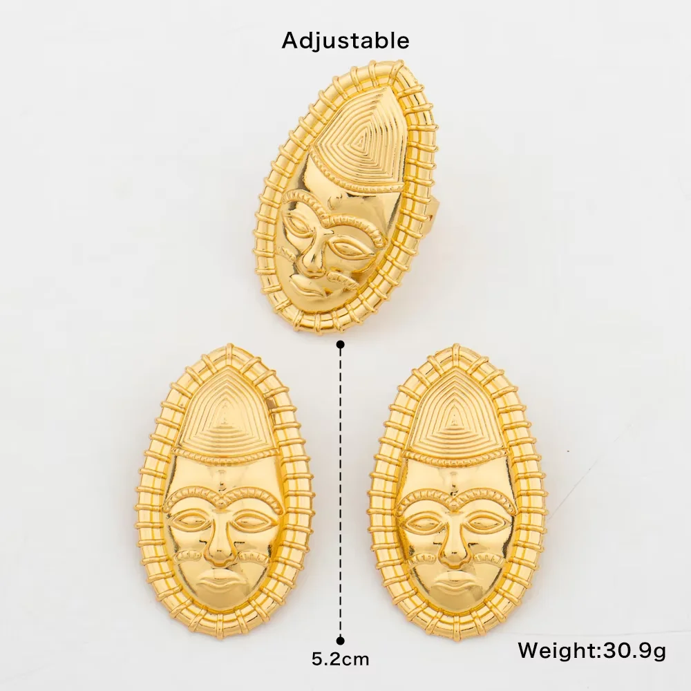 Damen-Set aus 18K vergoldeten afrikanischen Tribal-Masken-Ohrringen und -Ring, ethnischer Statement-Schmuck, Geschenk für Party und Hochzeit – Detail 7