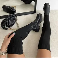 Women Thick Sole Boots 2023 Autumn Winter Breathable Knitting Sock Ladies Thigh High Boots Stretch Round Toe Shoes Plus Size 43