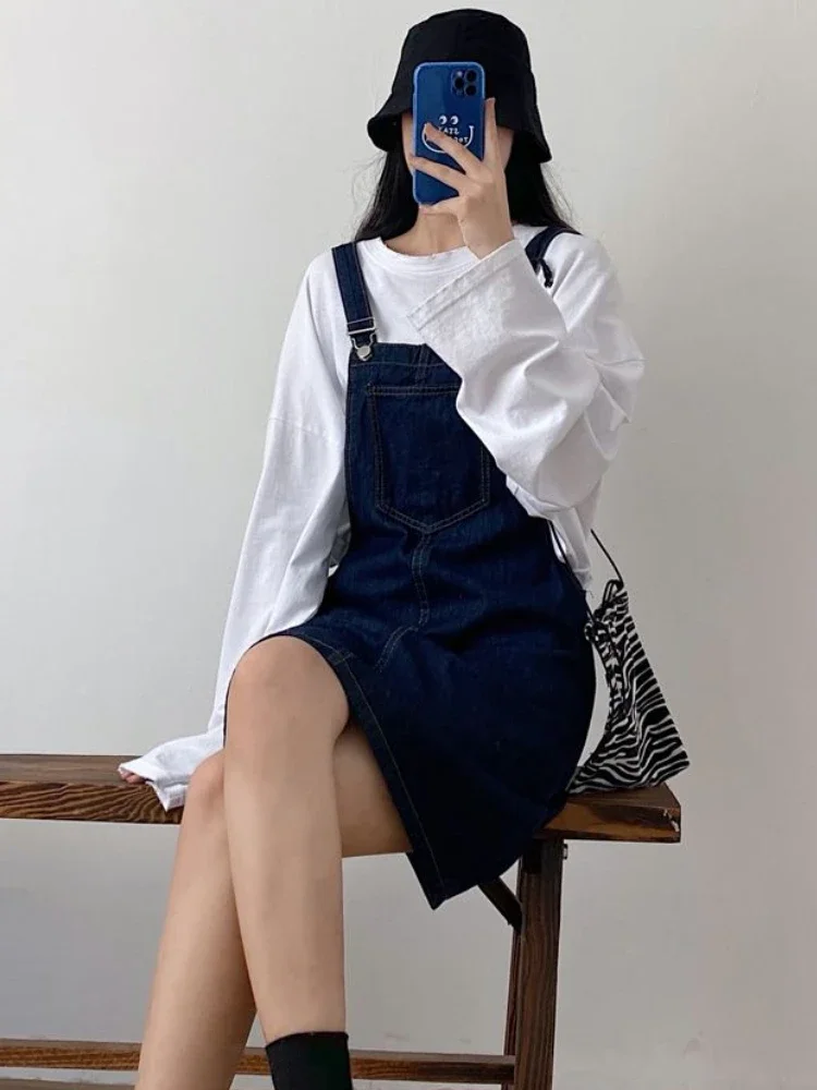 Denim Mini sukienki damskie luźne, solidne, delikatne Ulzzang Vintage Casual kwadratowy kołnierzyk letni College leniwy cały mecz Streetwear nastolatki — zdjęcie 3