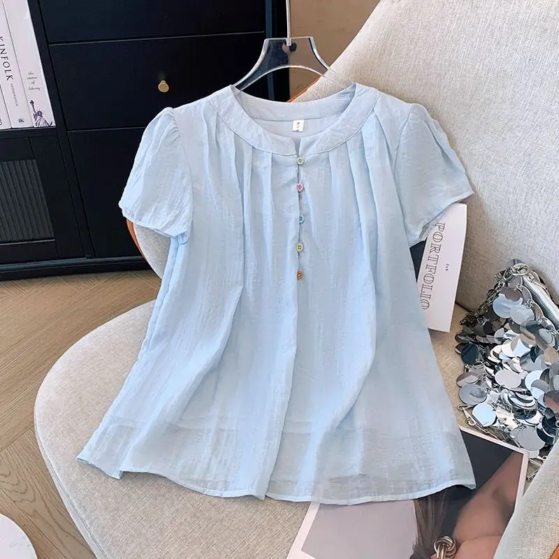 Summer Style Dopamine Round Neck Doll Shirt Sweet Fashion Black Fungus Border Lace Temperament Solid Color Short Sleeved Top