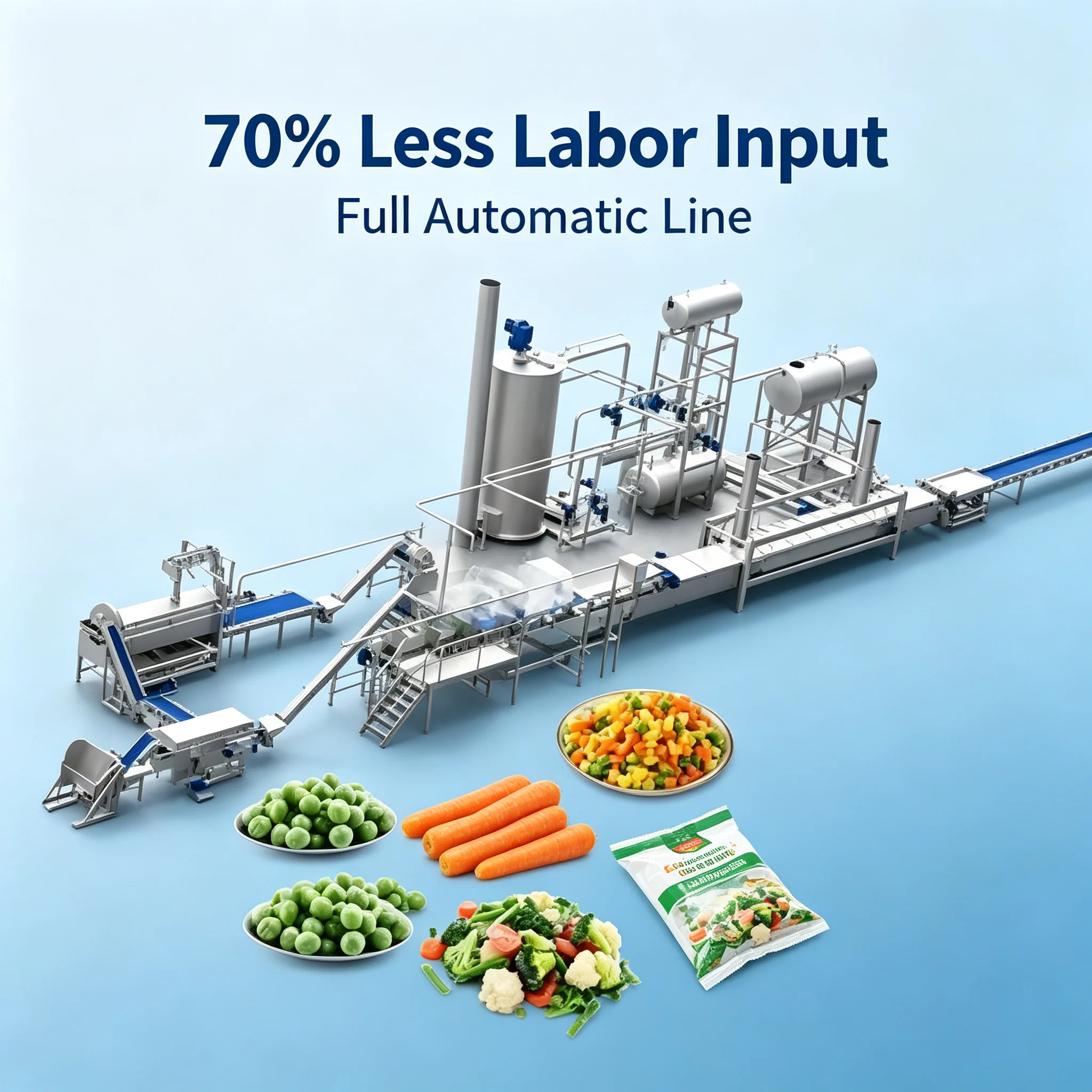 All‑in‑one Food Processing System For IQF Frozen Vegetable Production Line Vegetable Fruit Seafood Frozen Goods Manufacturing