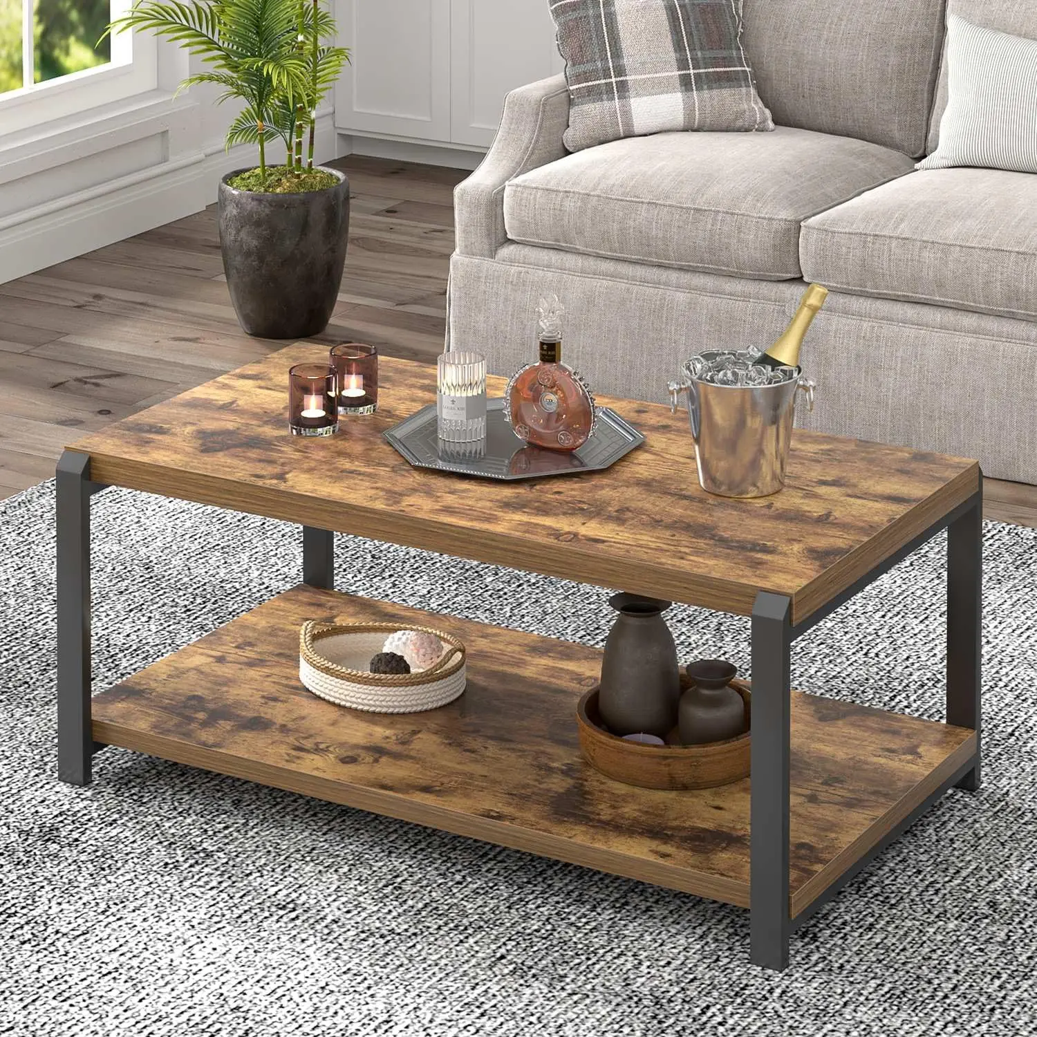 EXCEFUR Modern Coffee Table, Industrial Wood and Metal Center Table, Cocktail Tea Tables for Living Room, Rustic Brown