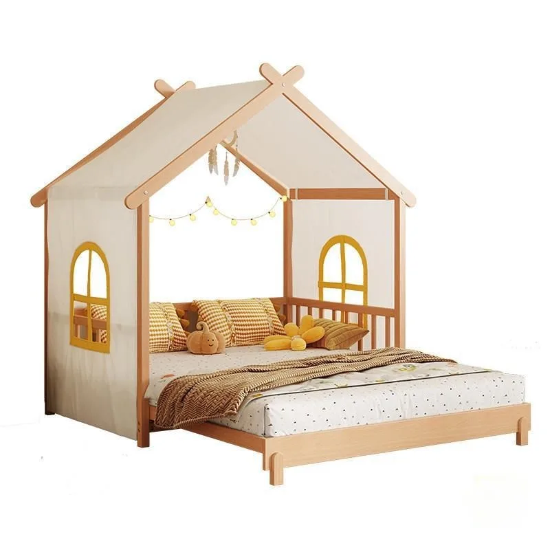 Full solid wood retractable boys and girls house small apartment popsicle bed with guardrail 1.5m pull-out