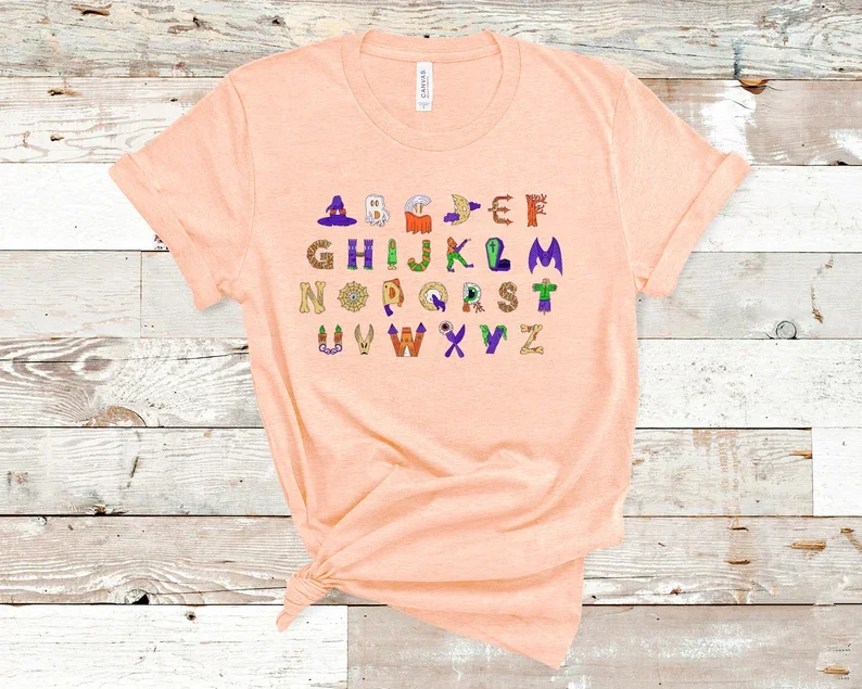 Halloween Alphabet Shirt For Teachers, Teacher Costume Tshirt for School Classroom Fall Autumn Party 100% cotton Drop Shipping