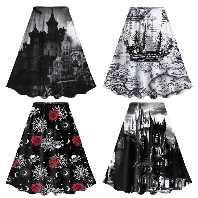 ROSEGAL Women's Gothic Skirts 3D Building Skull, Spider Web, Moon Print Knee Length Skirt Elastic Waist Stretchy Women's Bottoms