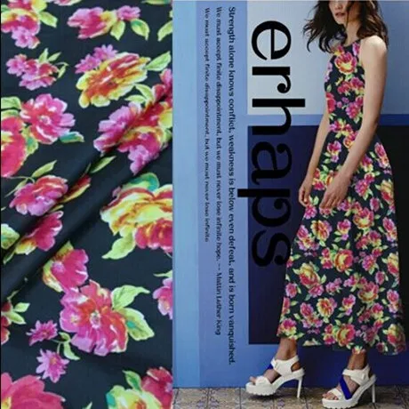 

2M/3M/5M Black Floral Print Silk Habotai - 100% Mulberry Silk with Vibrant Botanical Design