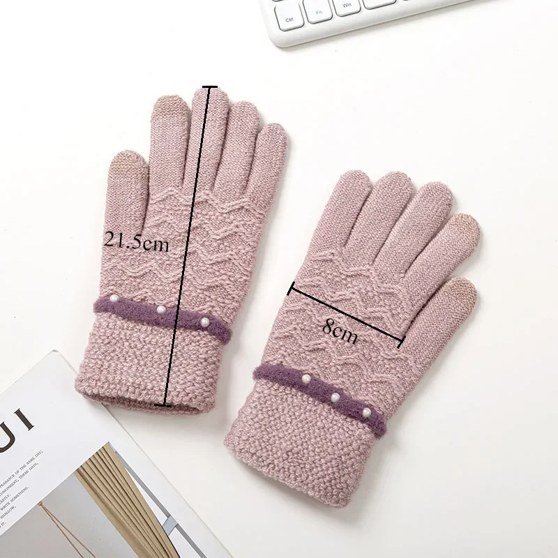 Guantes de punto gruesos y cálidos para mujer, manoplas de muñeca con dedos completos, decoración de perlas, pantalla táctil, invierno