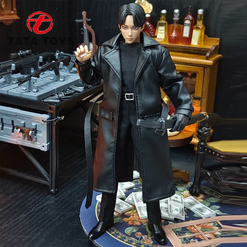 Langer Mantel aus schwarzem Leder im Maßstab 1:12, passend für 6'' Actionfiguren-Körpermodell-Puppenkleidung