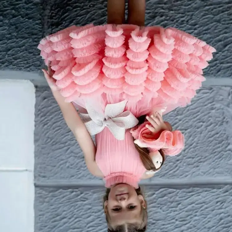 

Customized PinkLight Flower Girl Dresses for Wedding High Collar Silverty Shiny Bow Tulle Kids Party Formal Event Birthday Gown