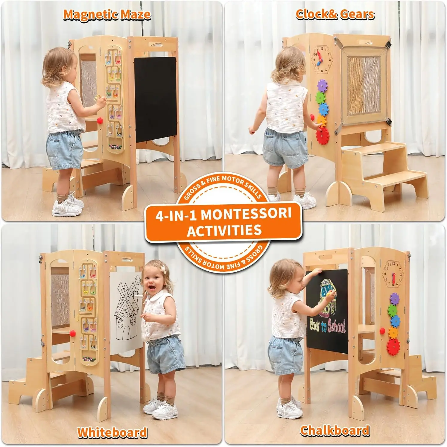 Torre para niños pequeños, taburete de cocina para niños pequeños con taburete de 2 escalones, taburete de madera para niños pequeños con red de seguridad, altura ajustable