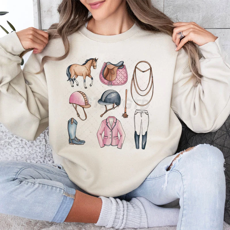 Woman Clothing Horse Lover Vintage Retro Sweatshirts Gift for Horse Owner Classic Tops Cowgirl Cartoon Classic Sweatshirt Jumper