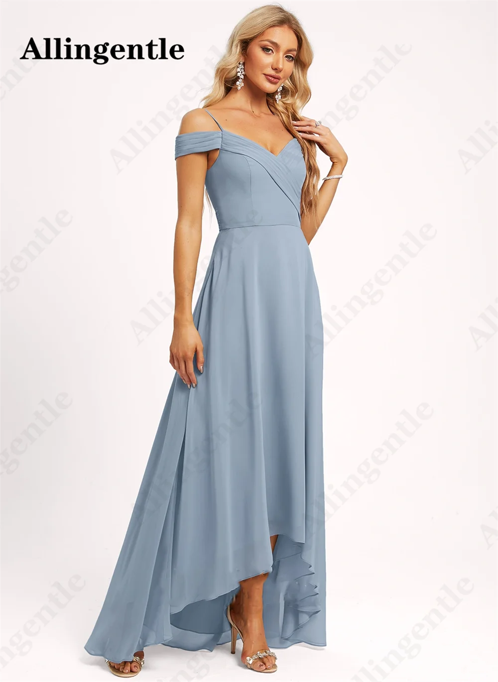 Allingave-Elegante vestido de dama de honra Chiffon, Spaghetti-cinta, A-Line, High-Low Comprimento, Wedding Party Gown