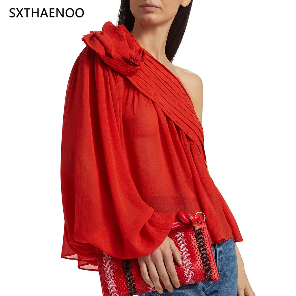 SXTHAENOO European and American Style 2025 New 3D Flower Splicing Single Shoulder Sleeve Solid Color Patchwork Shirt For Women
