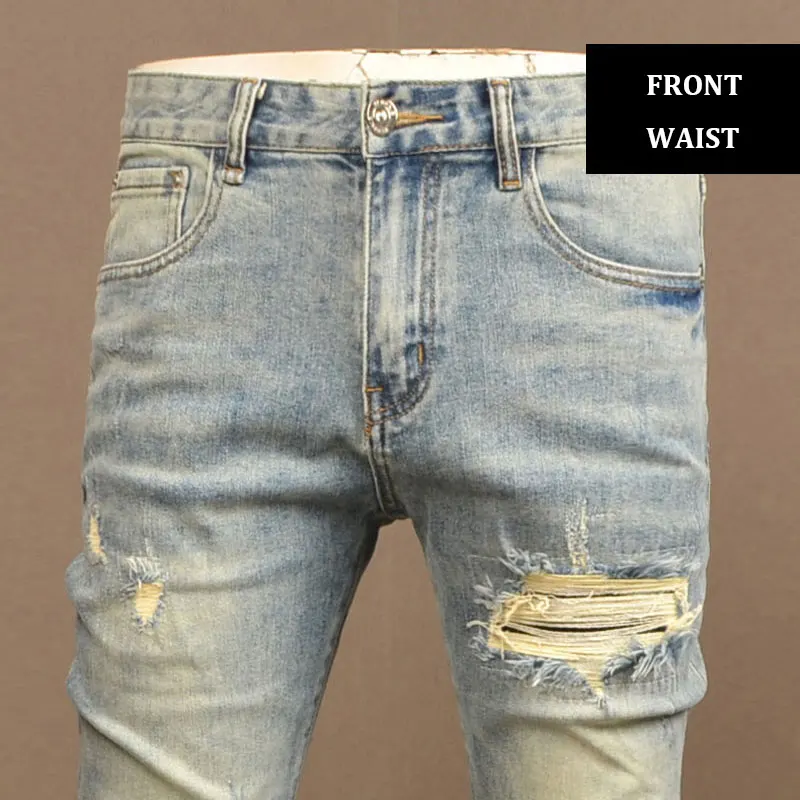 Street Fashion Men Jeans Retro Washed Blue Stretch Skinny Fit Hole Ripped Jeans Men Patched Designer Hip Hop Denim Pencil Pants