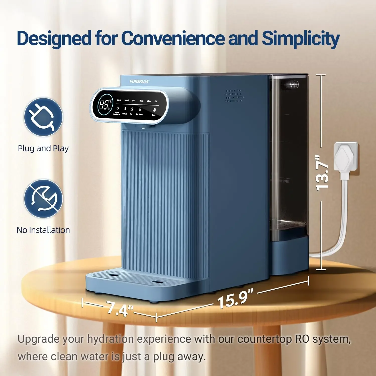 5 Stage Countertop Water Filtration, Portable Instant Hot Water Dispenser, 4 Temperature Options,  PP-WFC-DA-Blue USA