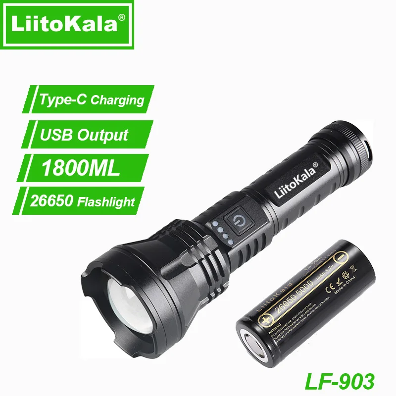 LiitoKala LF-903 Strong Light Telescopic Zoom 1800Lumens Multi Range 26550 18650 Type-C Rechargeable Outdoor Flashlight