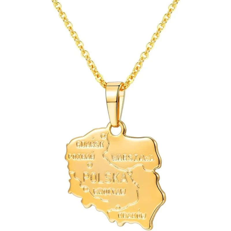 Poland Nation Map Pendant Patriotism Jewelry 14K Gold Plated Necklace Pendant with Adjustable Rolo Chain