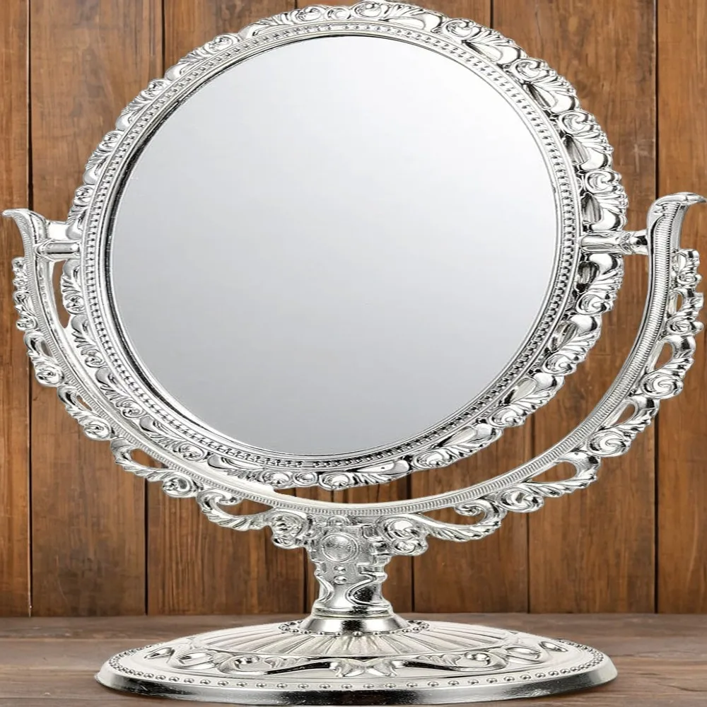 Vintage Silver Tabletop Makeup Mirror with Swivel Stand, Double-Sided Oval Frame Cosmetic Mirror for Bathroom or Bedroom - Elega