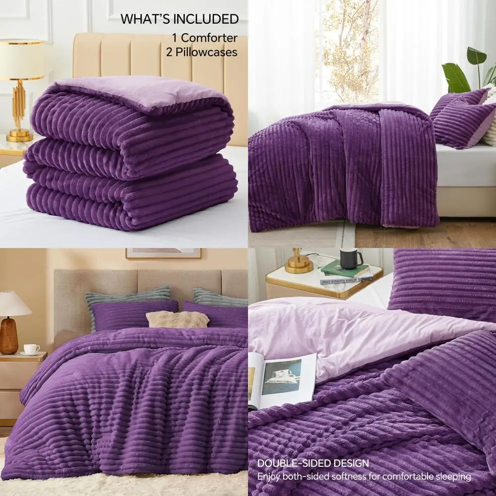 

Ultra-Soft Plush Purple Bedding Set, Luxurious Cozy Fluffy Comforter with 2 Pillowcases for Chilly Winter Nights