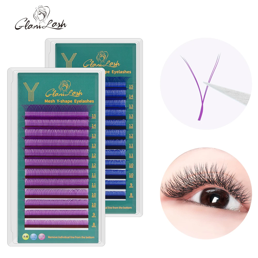 

GLAMLASH YY-образные ресницы для наращивания синие фиолетовые волнистые 2D готовые объемные ресницы пушистые натуральные