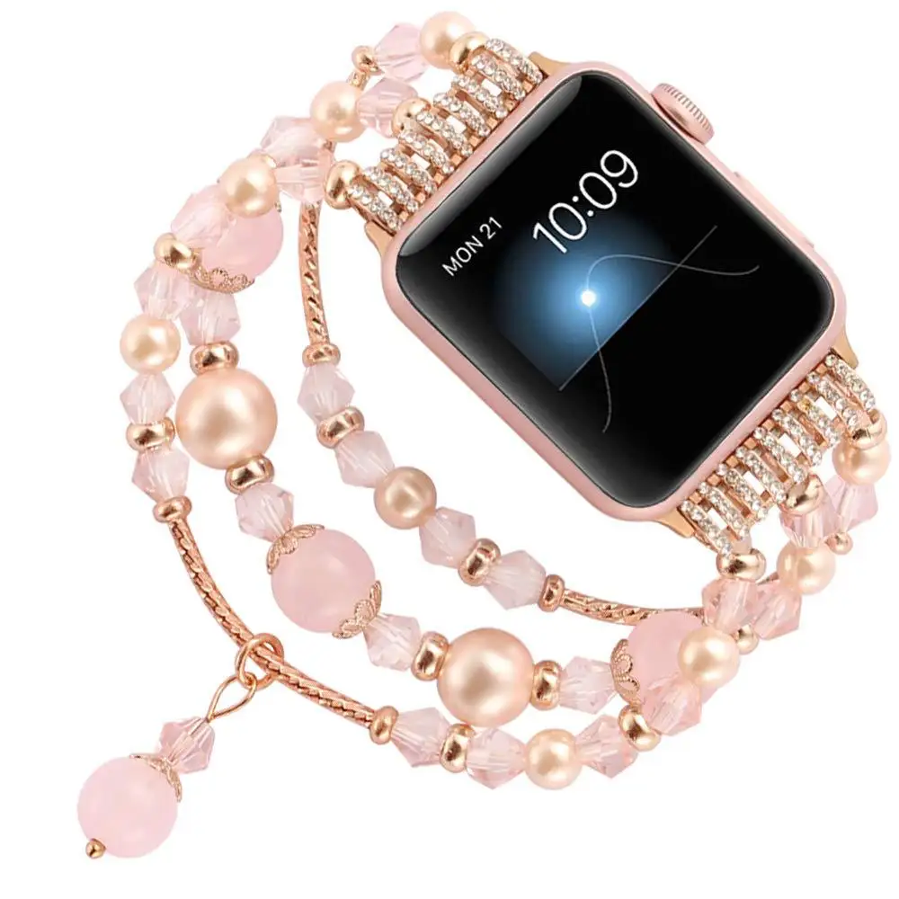 Women Elastic Bracelet for Apple Watch Band 38/40/41/42/44/45/46/49mm Metal Agate Pearl Strap for iWatch Series 10 9 8 7 SE 6 5