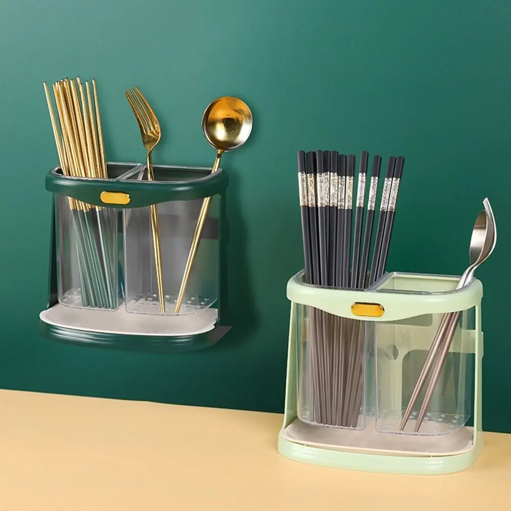 Plastic Double Grid Chopsticks Cage 2 Compartments Wall-mounted Chopsticks Storage Box Visible with Drain Tray