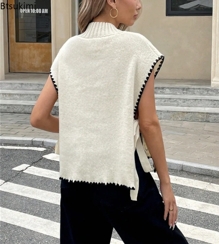 2026 Fashion Sweater Spring New Women's Mock Neck Sleeveless Sweater Vest with Simple Design Contrasting Colors Bow Tie Tie Top