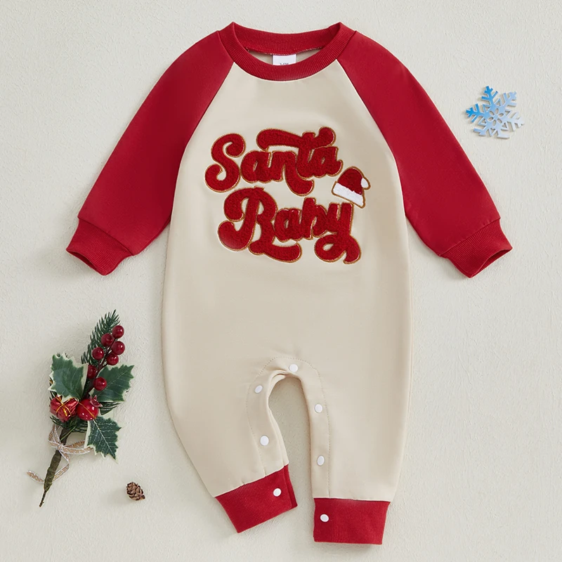 Toddler Baby Girl Boy Christmas Romper Cute Letter Embroidery Long Sleeve Round Neck Jumpsuit for Newborn Cute Fall Clothes