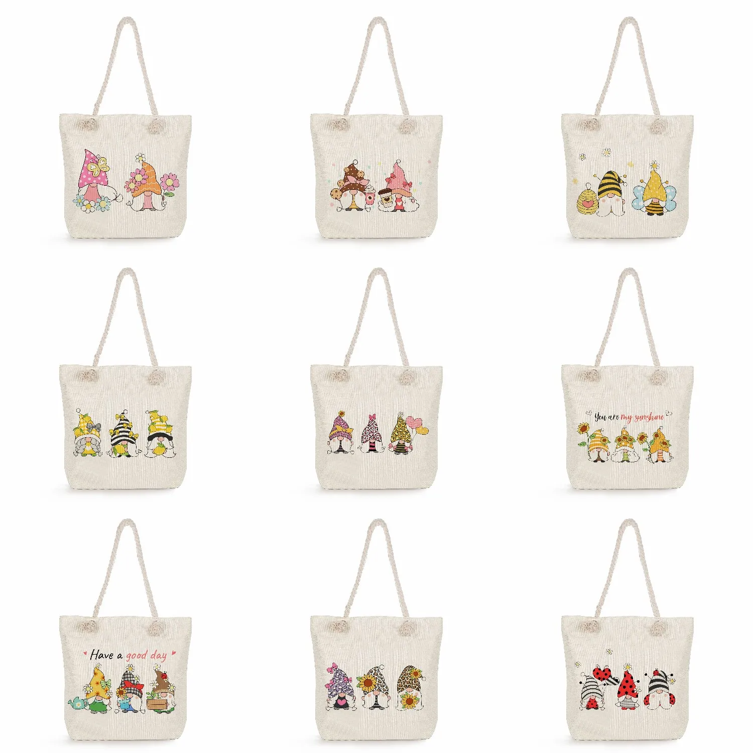 Cute Gnomes Flower Printed Handbags Cartoon Women Big Shopping Bags Fashion Travel Beach Thick Rope Tote Outdoor Shoulder Bags