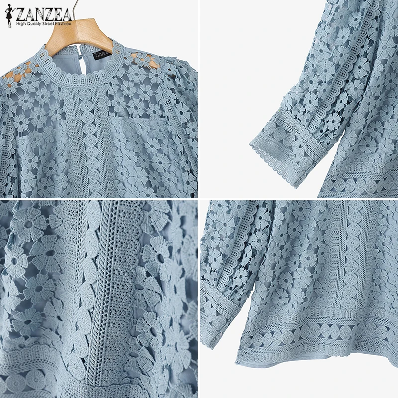 ZANZEA Blus Renda Elegan Wanita Atasan Tunik Warna Polos Lengan Puff 3/4 Kemeja Wanita Kantor Kasual Tembus Pandang Leher-o Musim Panas 2026