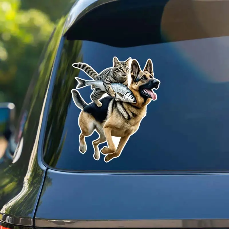 Funny Cat Riding Dog Holding Fish Car Sticker Waterproof Styling Automobiles Motorcycle Exterior Accessories Vinyl Decals Y226