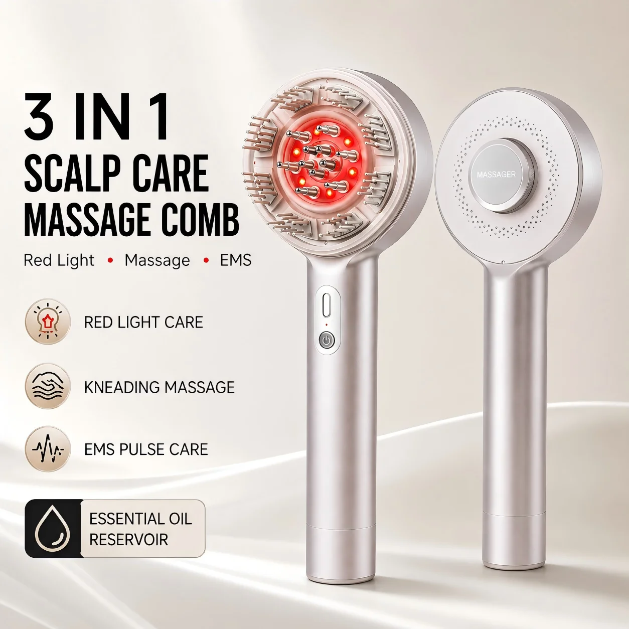 Red Light Scalp Massager Comb EMS Electric Head Massage Brush Essential Oil Reservoir Kneading Hair Care Rechargeable Waterproof