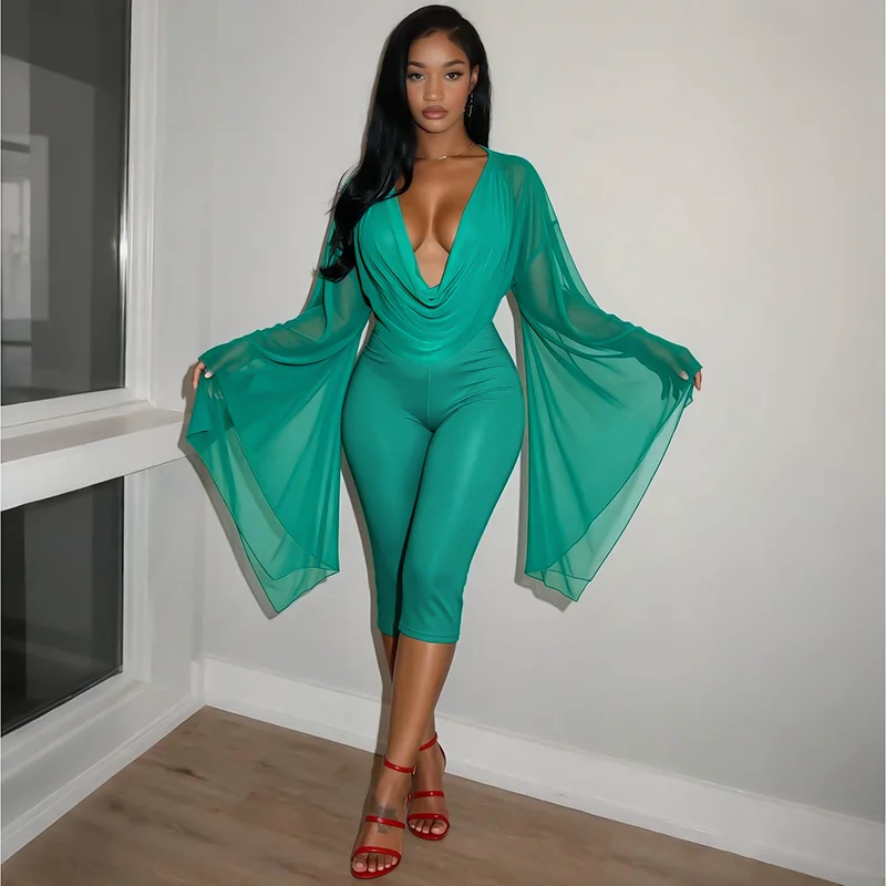 Women Mesh Sexy 2 Piece Set  Draped V Neck Flare Long Sleeve Crop Top+High Waist Capri Leggings Matching Party Club Outfit