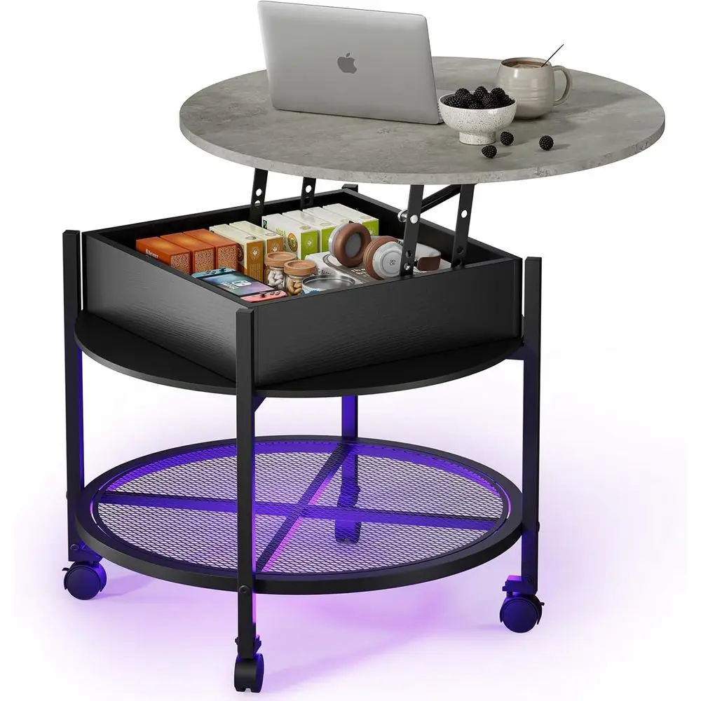

27 Round Coffee Table with Wheels, Storage Shelves, and RGB Lighting for Living Spaces in Black and Grey