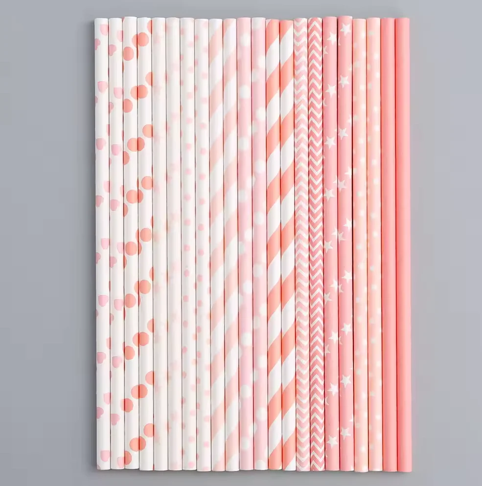 6*197mm Pink Mixed Paper Straws 500 Pcs Paper Drinking Straws For Wedding Party Restaurant Juice Coffee Cold Drinks Dessert