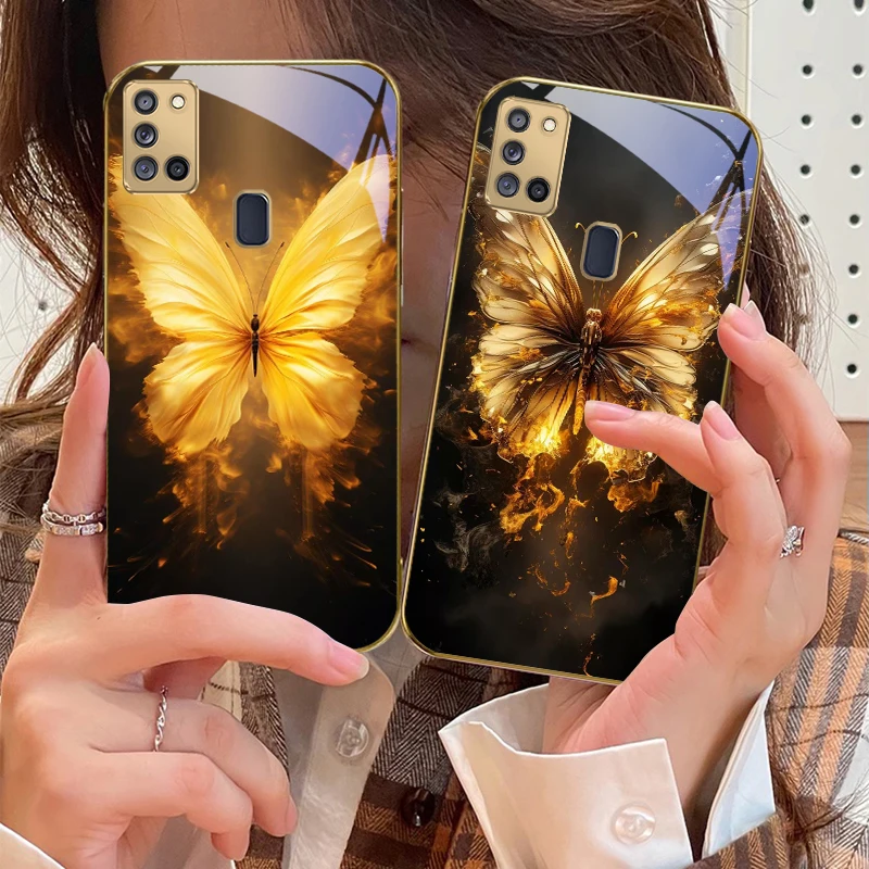 لهب فراشة دافئة لسامسونج A 31 32 A33 A34 35 14 A15 13 16 25 26 50 52 53 54 55 56 70 71 72 73 حافظة هاتف زجاجية ذهبية