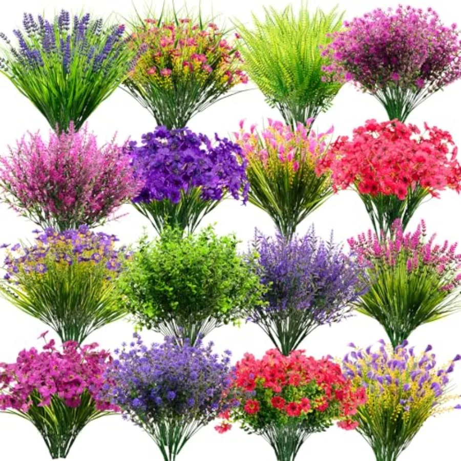 

64 Bundles Faux Flowers Outdoors UV Resistant Artificial Plastic Flowers Plants Fake Realistic Eucalyptus Violet Lavender Plant