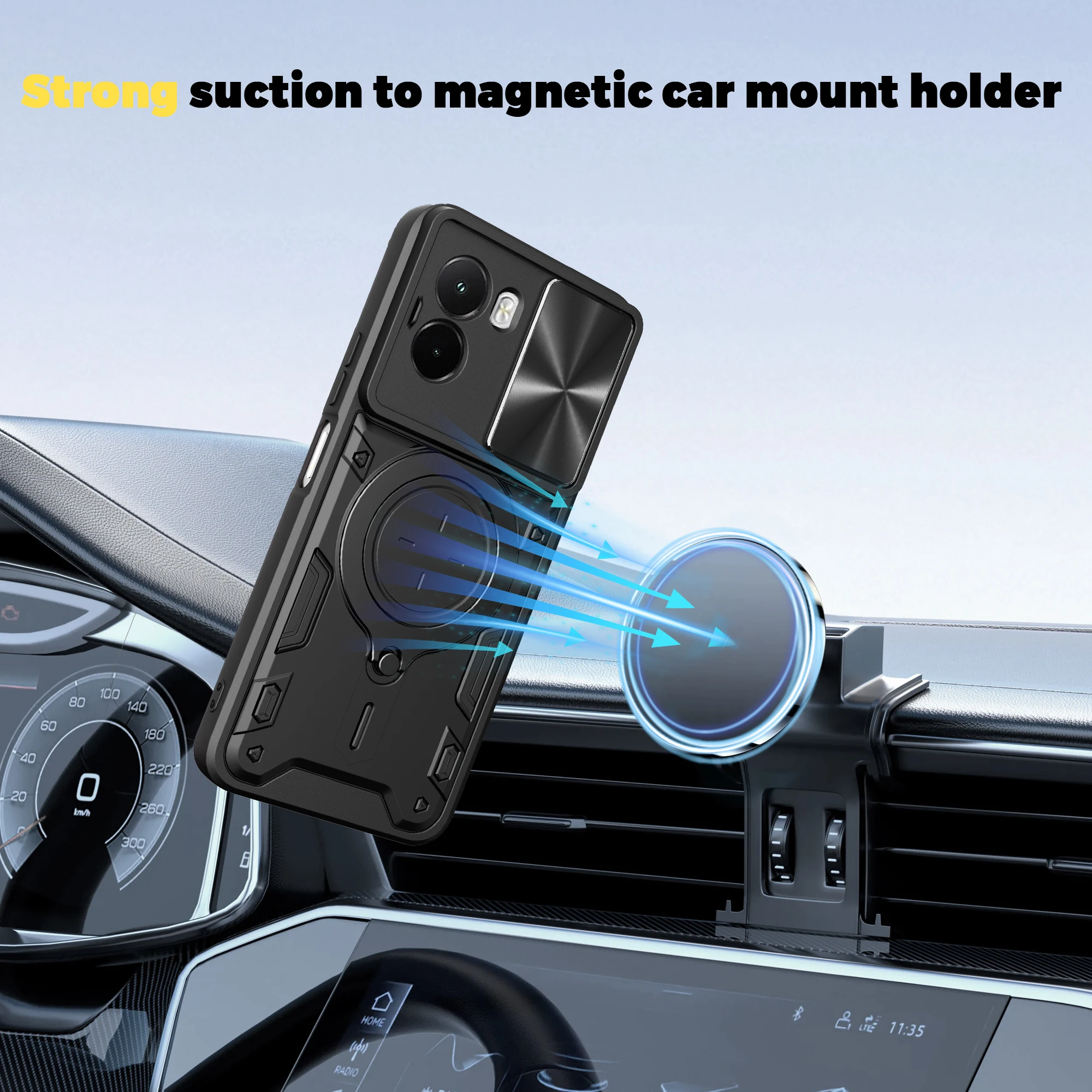 Custodia per Xiaomi Poco M7 4G Protezione magnetica per fotocamera scorrevole Poco M7Plus M7pro M6Pro Cover 360 Ruota Cavalletto Armatura Anello Funda