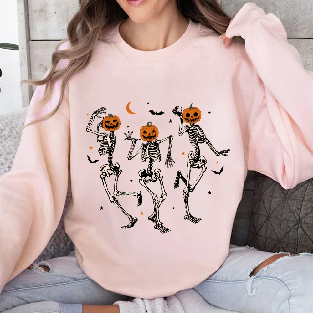 Dancing Skeleton Pumpkin Women\'s Retro Halloween Sweatshirt Cute Fall Spooky Season Pumpkin Face Halloween Long Sleeve Top