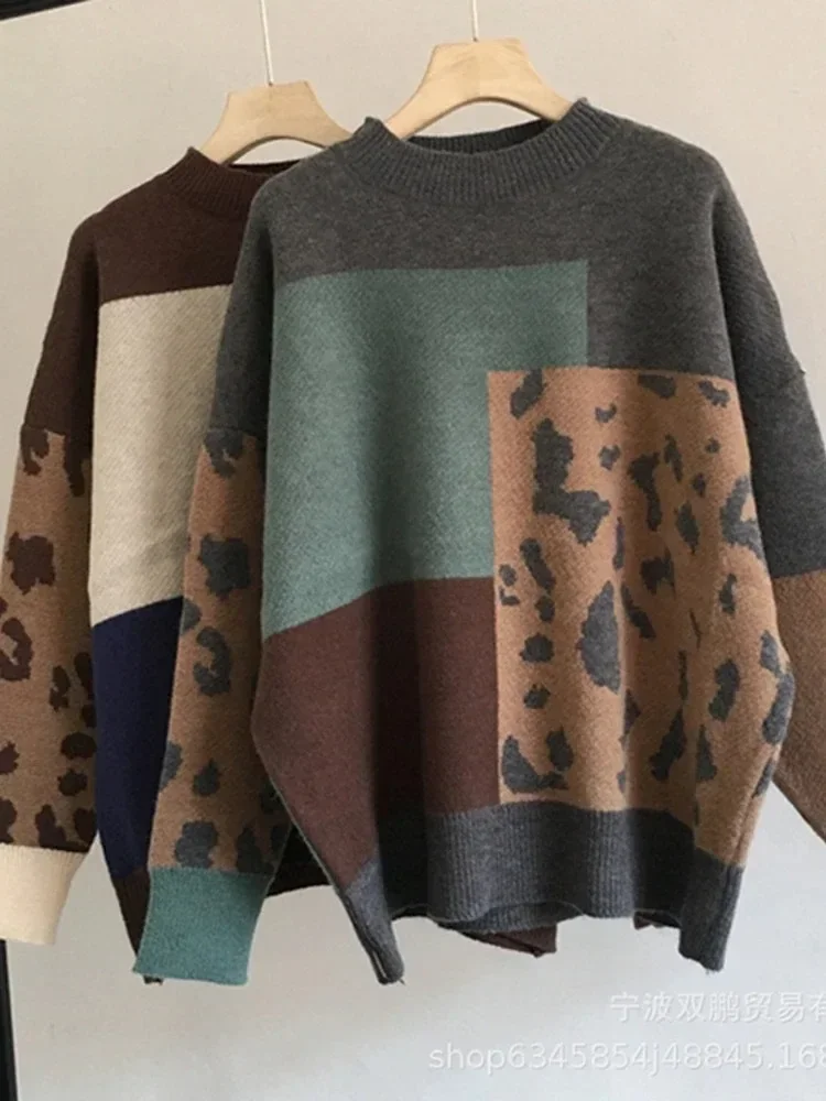 Autumn Winter Sweater Woman Leopard Print O-Neck Casual Oversized Female Sweaters Knit Soft Thick Jumper Women\'s Pullovers
