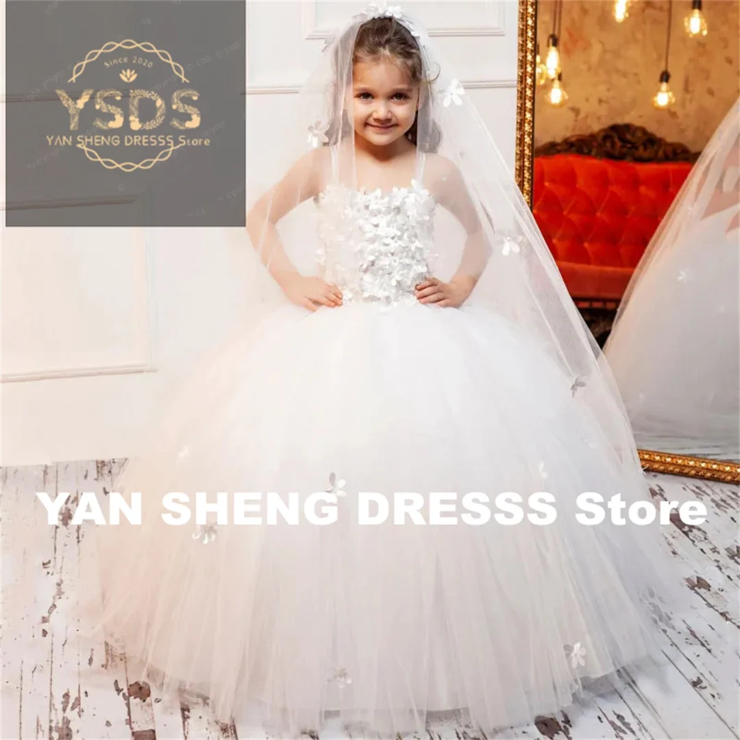 Customized Flower Girl Dresses White Tulle With Flowers Sleeveless For Wedding Birthday Prom Banquet Holy Commmunion Gowns