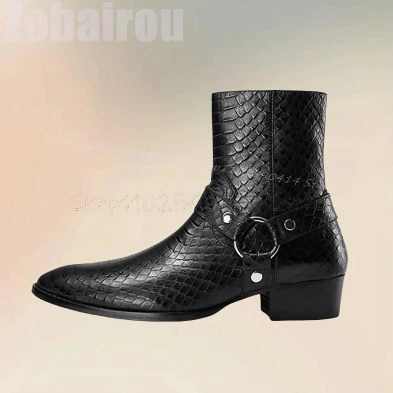 

Black Alligator Print Belt Fastener Decor Boots Fashion Side Zipper Men Boots Luxury Handmade Party Feast Office Men Dress Shoes