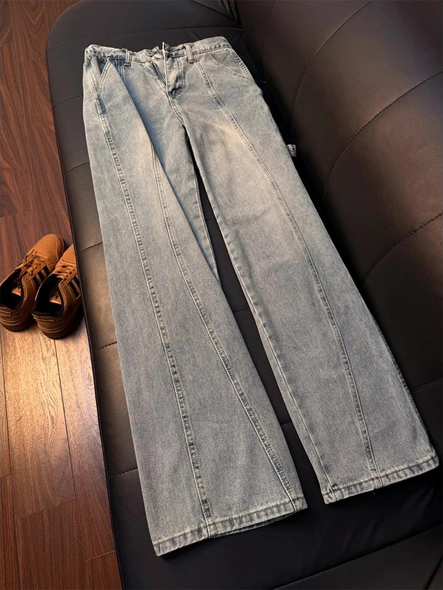

American Sle Vintage Slant Cut Belted Loose Jeans Men's Spring Autumn Slimming Leg Lengthening Straight Leg Flared Long Pants