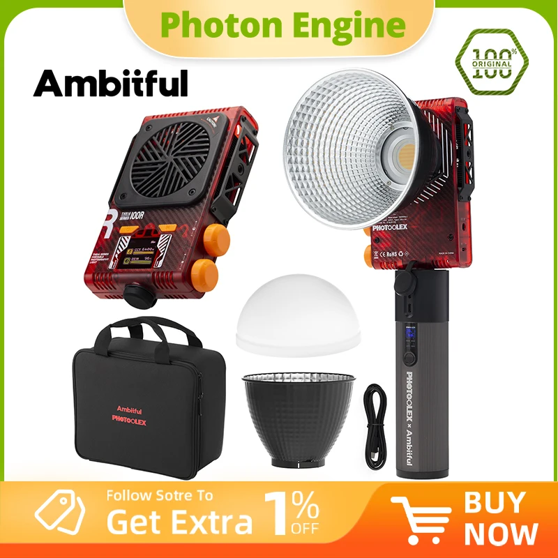 AMBITFUL 100R Luce video LED 100W 2700K-6500K Versione bicolore CRI 96+ TLCI 95+ Controllo luce LED tascabile portatile con APP