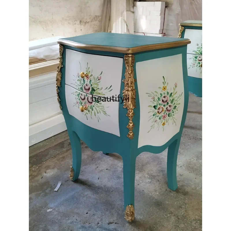 

Sofa Side Table French Style Side Cabinet Solid Wood Bedside Table Blue Painted Living Room Flower Stand