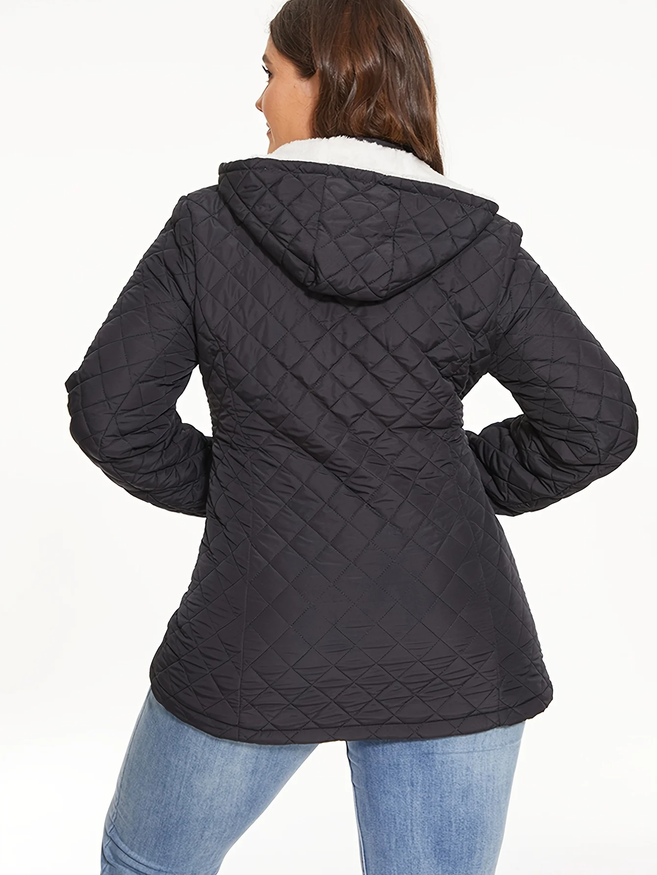 Plus Size Casual Coat, Women\'s Plus Solid Quilted Liner Fleece Long Sleeve Hooded Zipper Coat For Fall & Winter Odzież damska