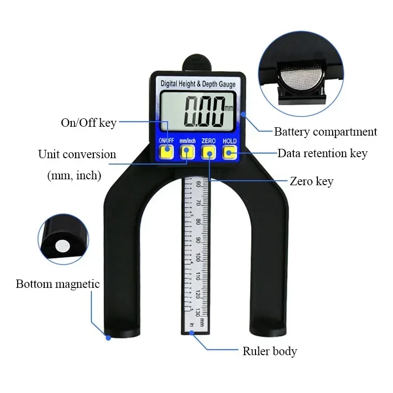 1Pc/Set 0-80mm Digital Depth Gauge LCD Height Gauges Calipers With Magnetic Feet And Three Measurement Units For Woodworking