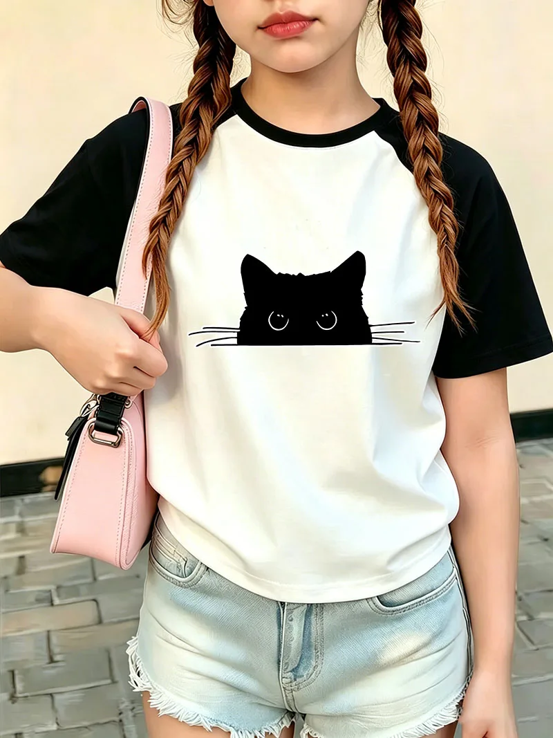 Kids Fashion Black Cat T Shirts Cat Funny Summer Spring O-neck Short Sleeve Children's T-shirt Boys Girls Casual Top Tee