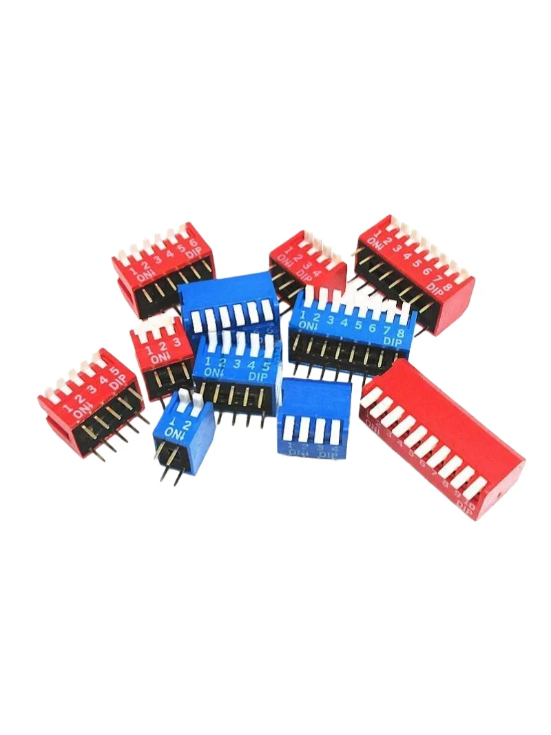 10pcs Piano Type DIP Switch, 2.54mm Pitch, Side Actuated, 2P 1/2/3/4/5/6/8 Positions, Through-Hole, Red/Blue Available