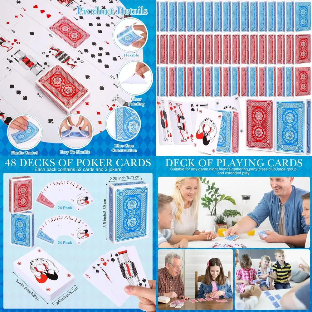 

48-Count Standard Deck of Playing Cards, 2.25 x 3.5 Size, Red and Blue, Ideal for Travel and Party Games